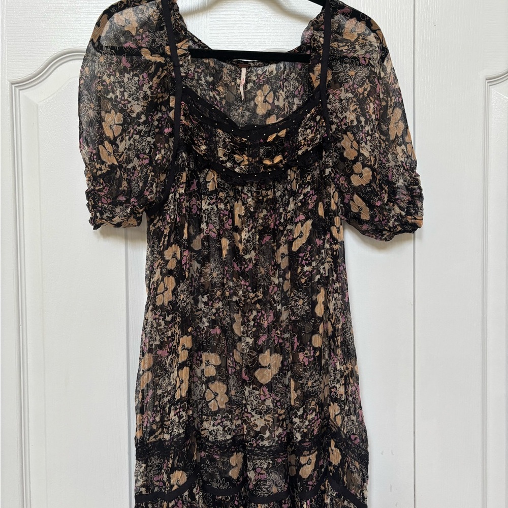 Free People Black FLIRAL BABY DOLL dress XS